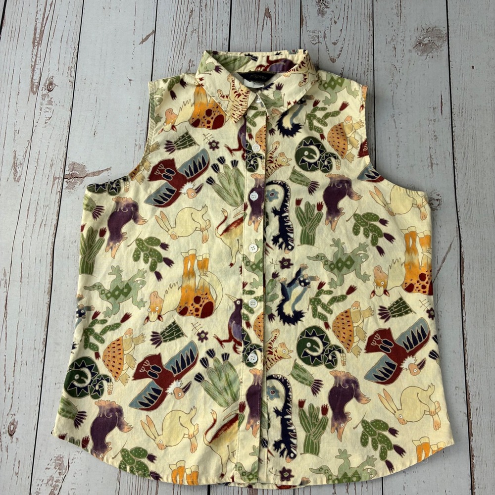 Roper Womens Sleeveless Button Down Shirt L Southwestern Desert Animal Print USA